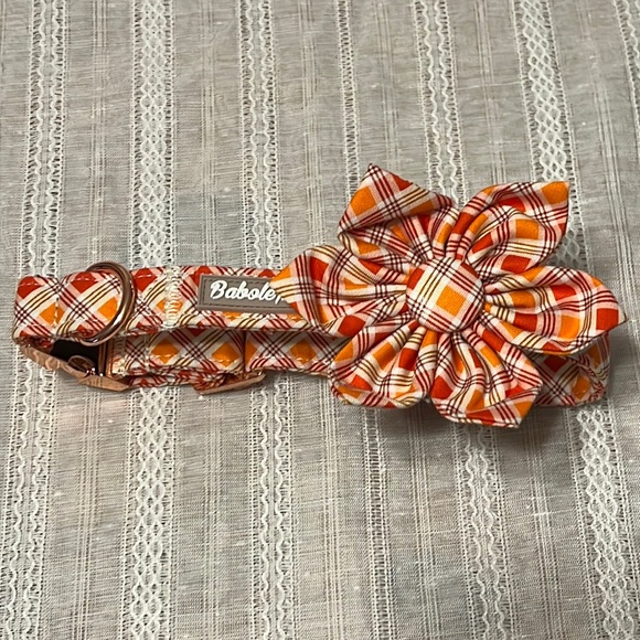 Babole Pet Fall Girl Dog Collar Flower Tie, Orange Striped Plaid Floral Collar - Picture 6 of 9